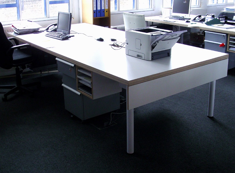 Laminated plywood workstation with undermounted document tray