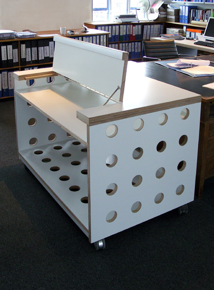 Laminated plywood server cabinet with hinged access panel