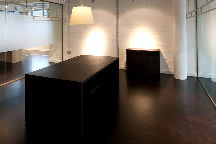 Stained oak showroom table and credenza
