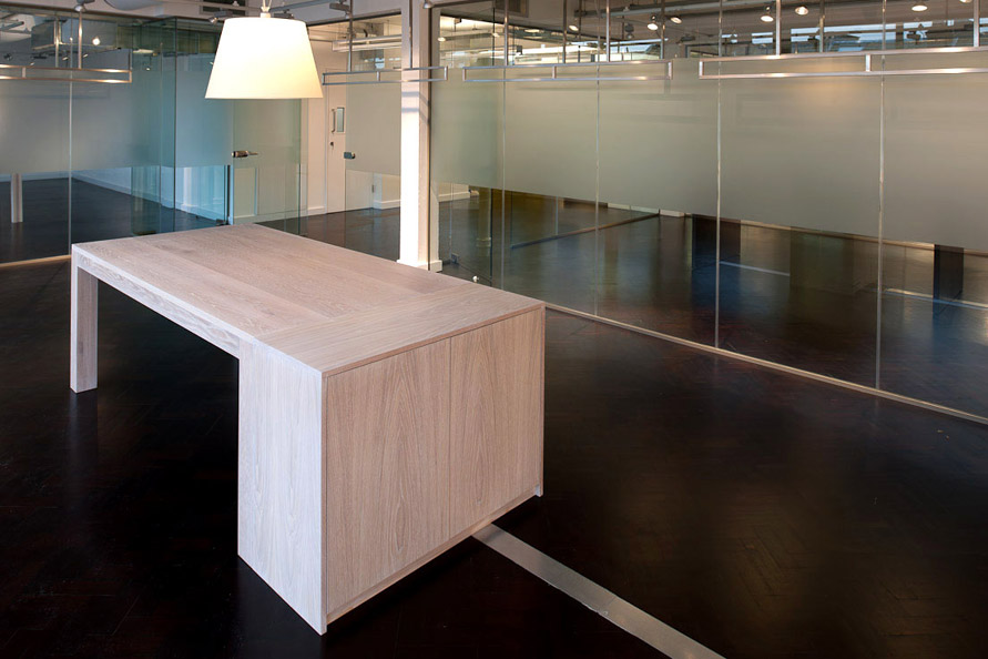 Oak showroom table and credenza with white hardwax oil finish