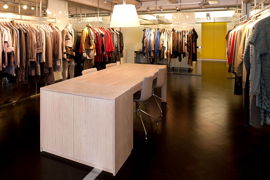 Oak showroom table and credenza with white hardwax oil finish